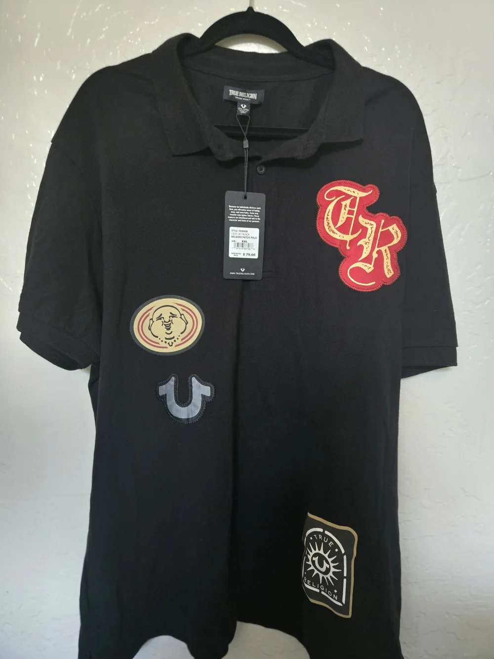 True Religion Black Polo with Red & Gold Embroidered Patches